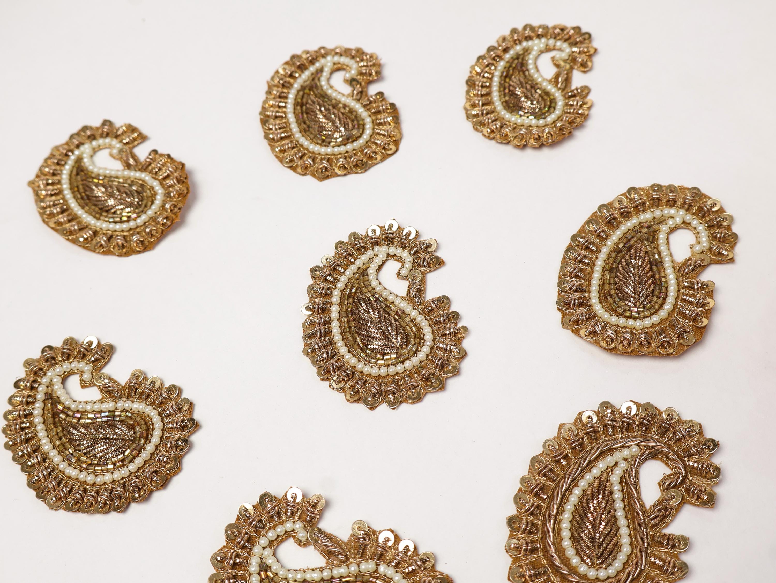 Antique Gold Pearl Leaf Applique Patches: 10 pcs Indian Zardozi Patch