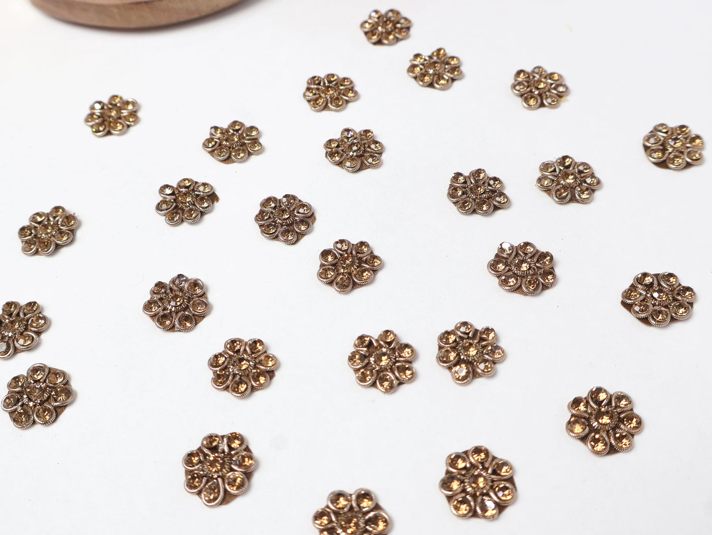 50 Antique Gold Zircon Flower Applique Patches: Mini Embellishments