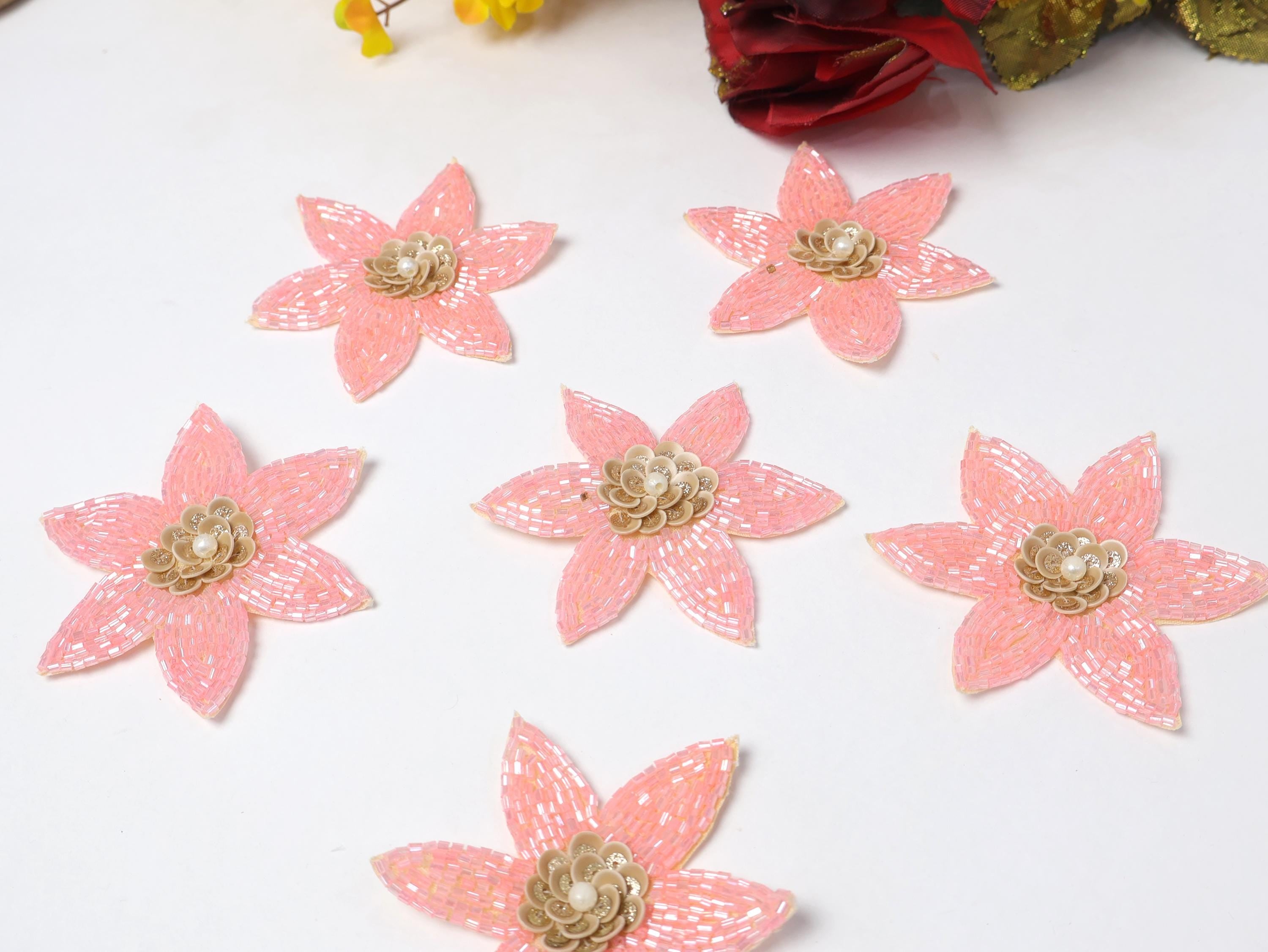 Pink Floral Beaded Applique Patches: Hand-Embroidered Flowers (Set of 5)