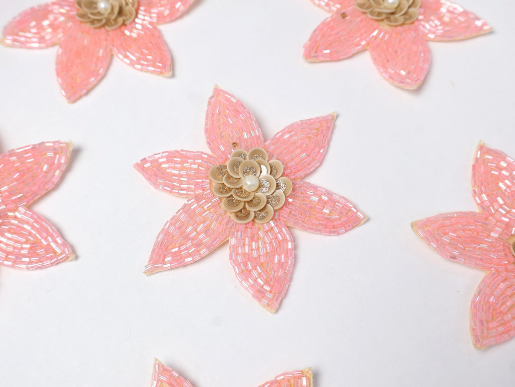 Pink Floral Beaded Applique Patches: Hand-Embroidered Flowers (Set of 5)