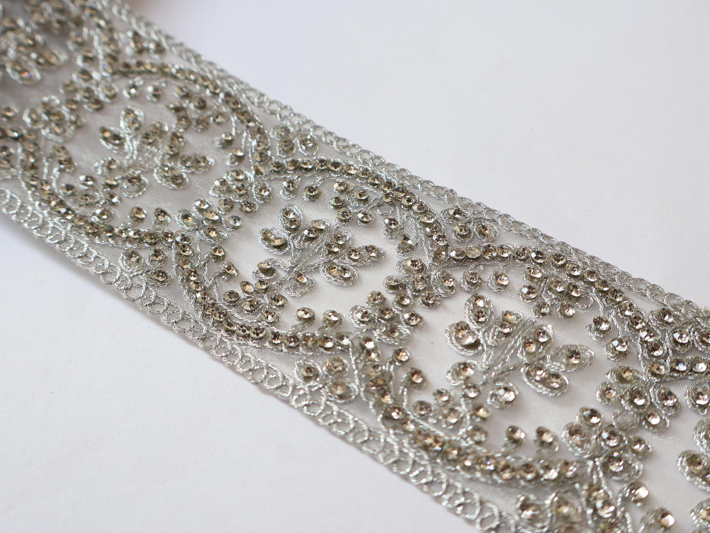 Silver Zircon Net Embroidered Trim: Indian Sari Border 8cm Wide