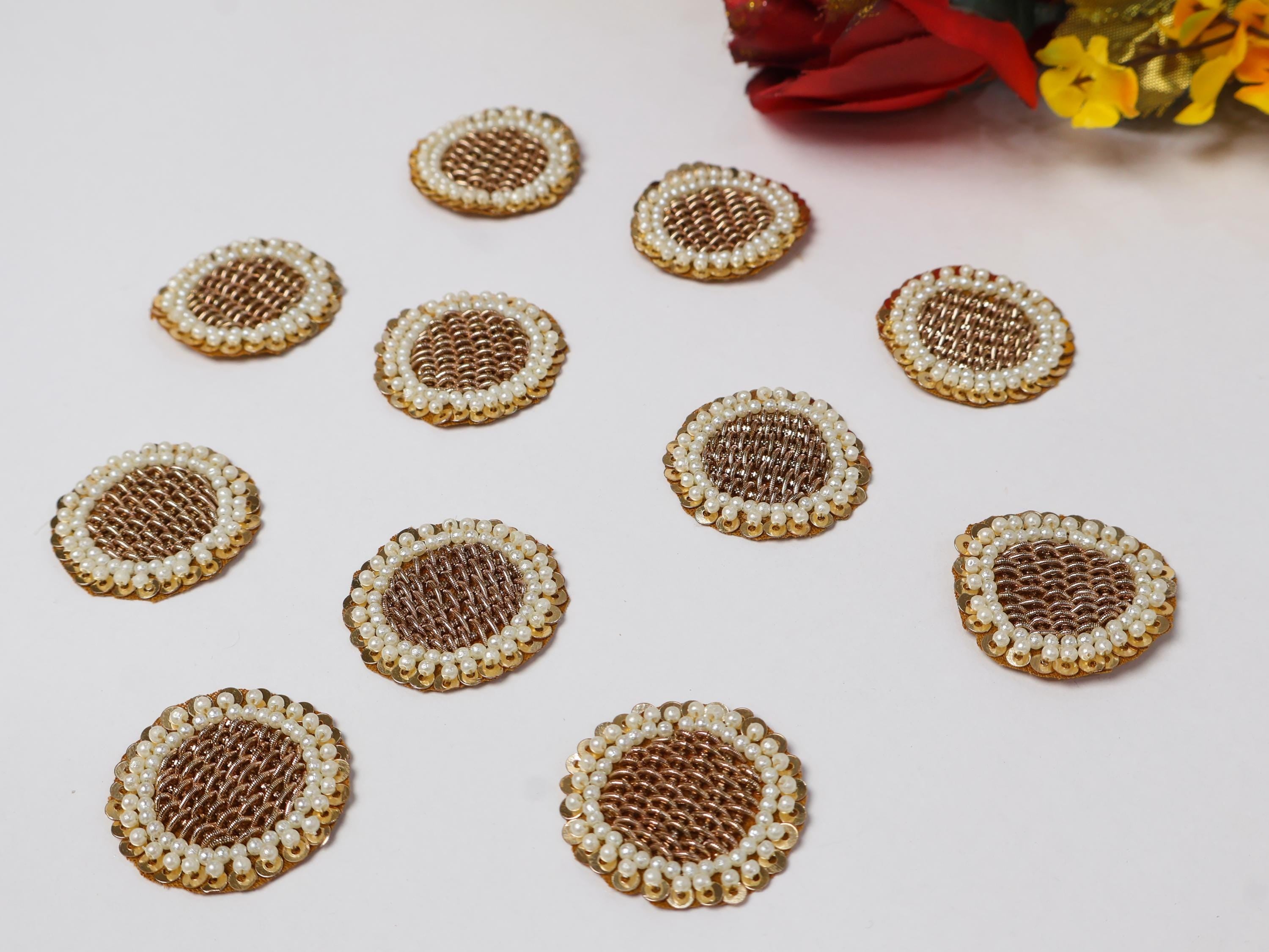 20 Pcs Round Zardozi Gold Zardozi Applique Patches 3.5cm Size