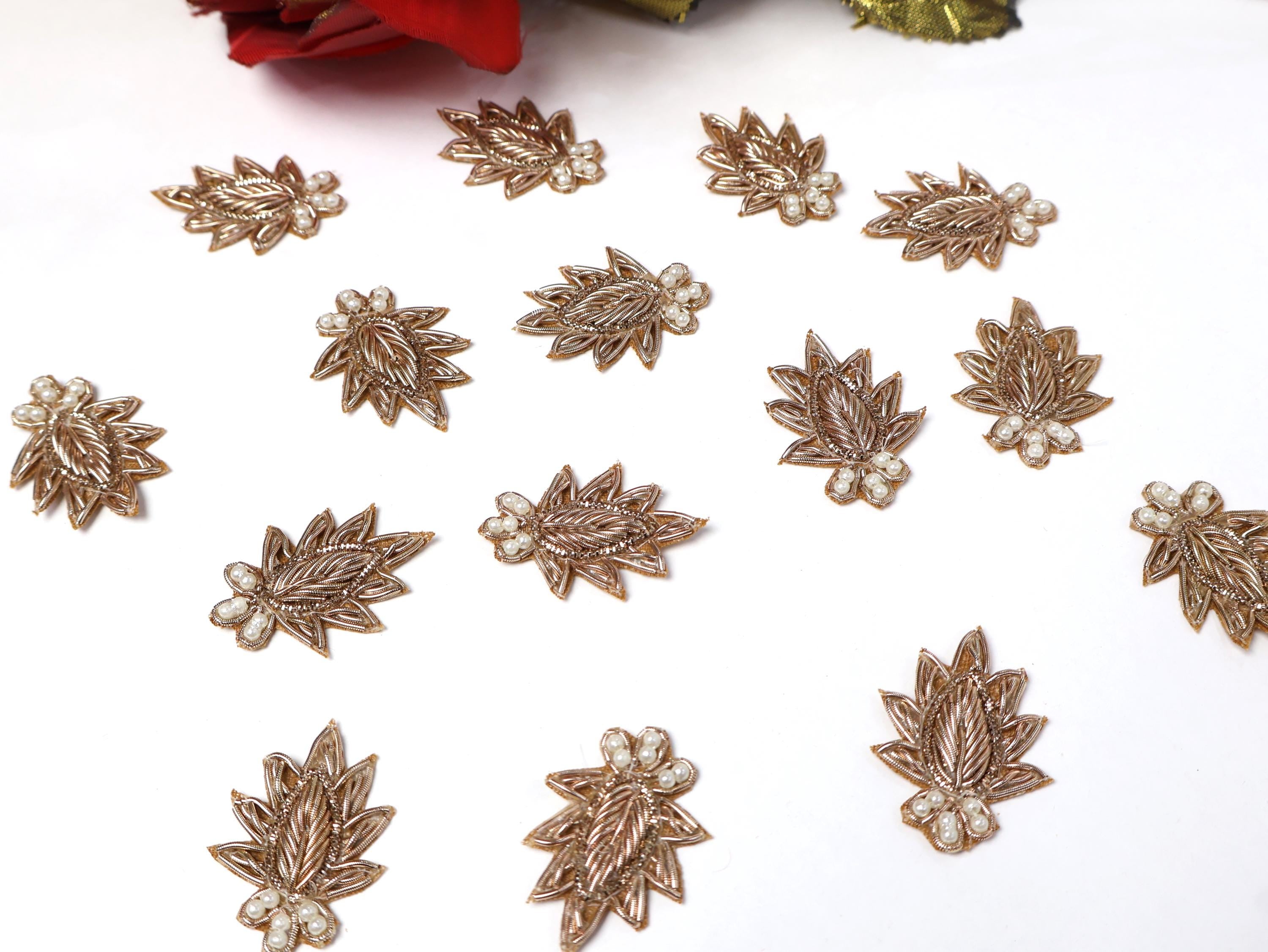 25 Pc - Pale Gold Leaf Floral Zardozi Applique Sew On Patch