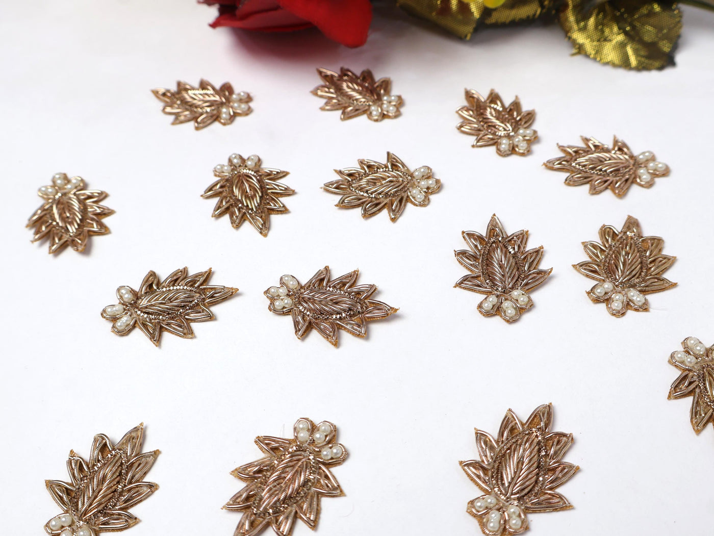 25 Pc - Pale Gold Leaf Floral Zardozi Applique Sew On Patch