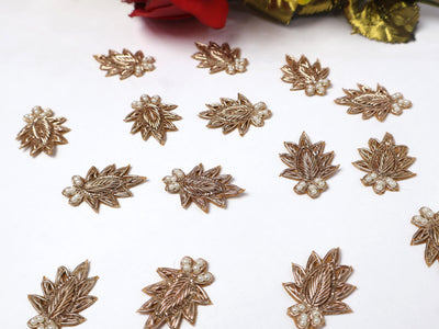 25 Pc - Pale Gold Leaf Floral Zardozi Applique Sew On Patch