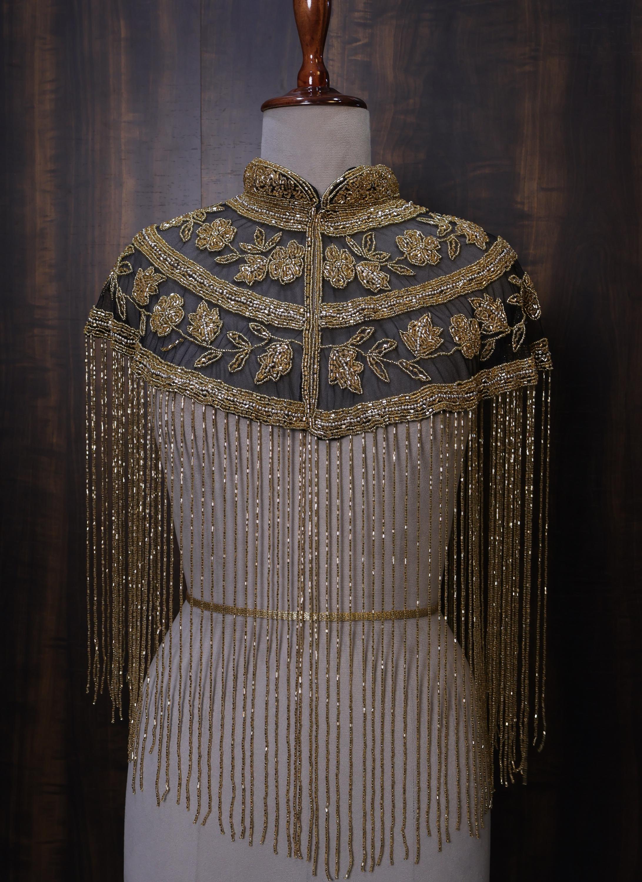 Black Golden Floral Beaded Cape: Wedding & Evening Cover-Up Shrug