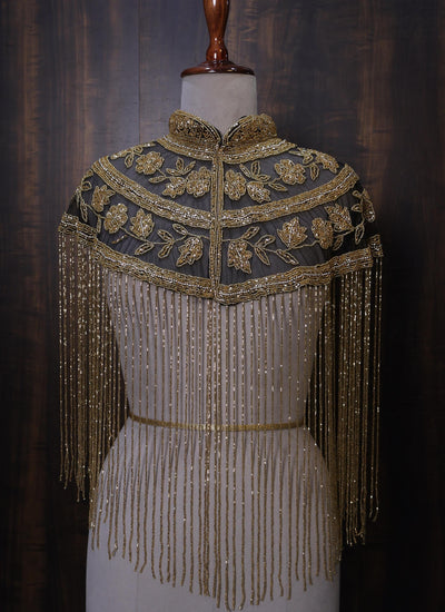 Black Golden Floral Beaded Cape: Wedding & Evening Cover-Up Shrug