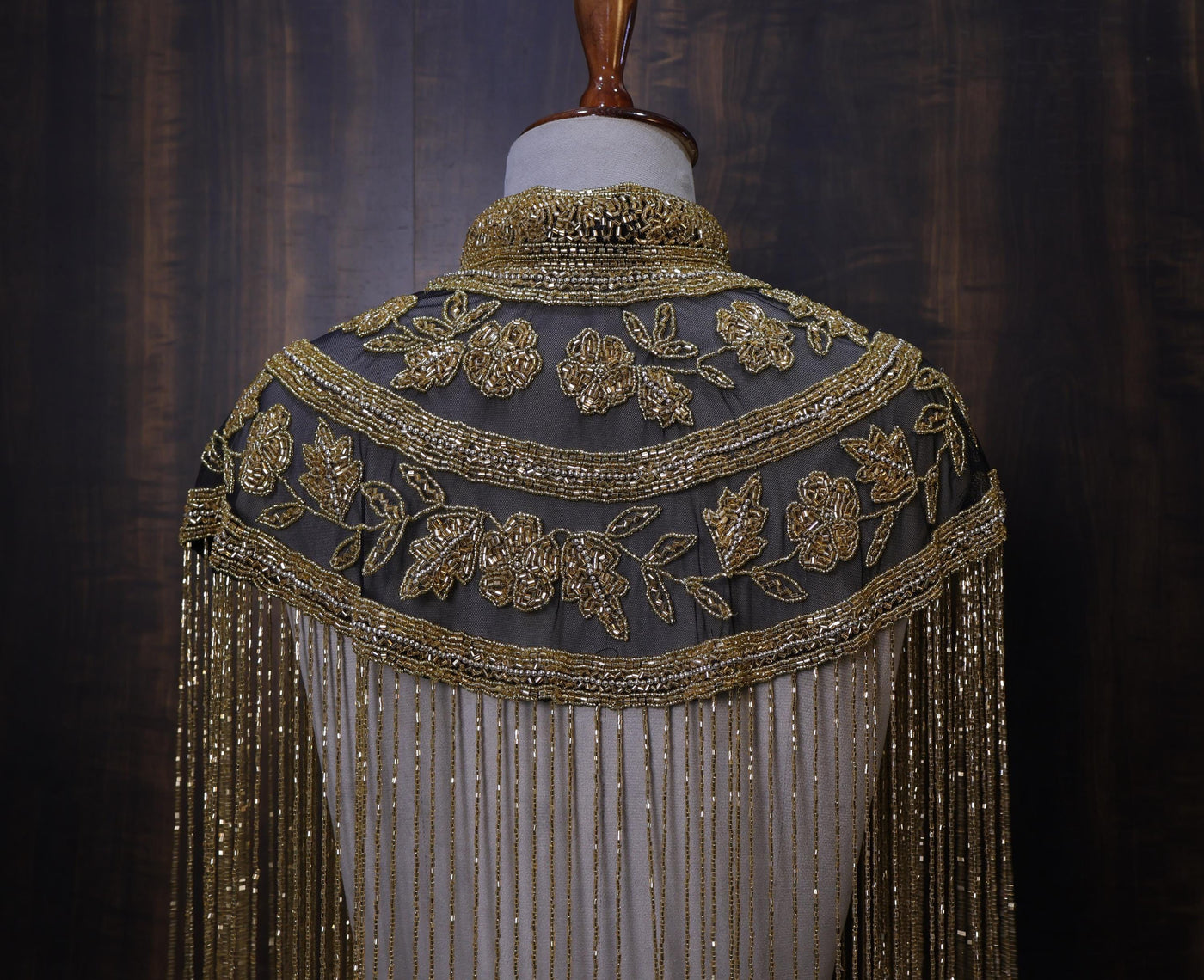 Black Golden Floral Beaded Cape: Wedding & Evening Cover-Up Shrug