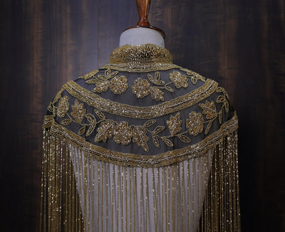 Black Golden Floral Beaded Cape: Wedding & Evening Cover-Up Shrug