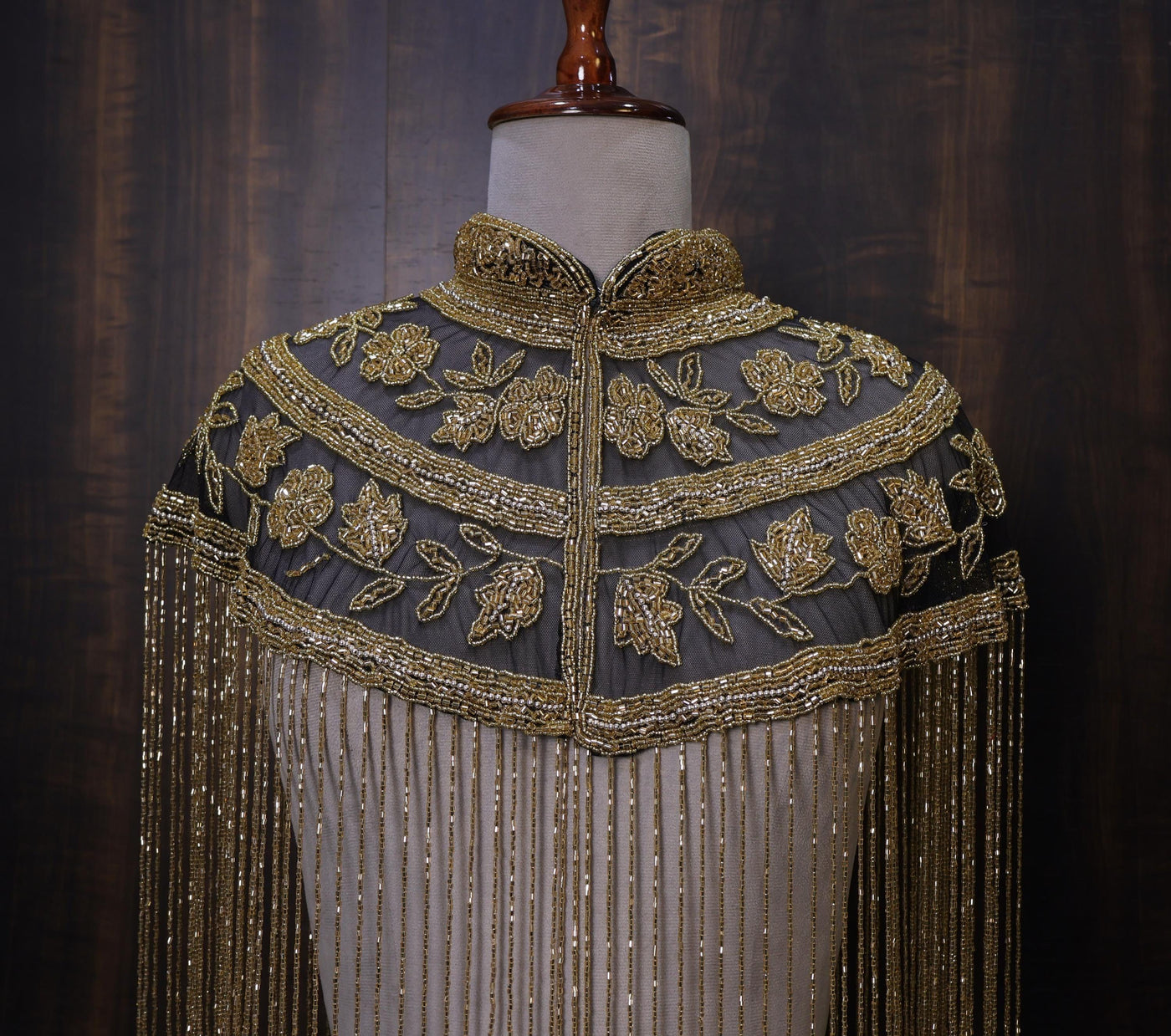 Black Golden Floral Beaded Cape: Wedding & Evening Cover-Up Shrug