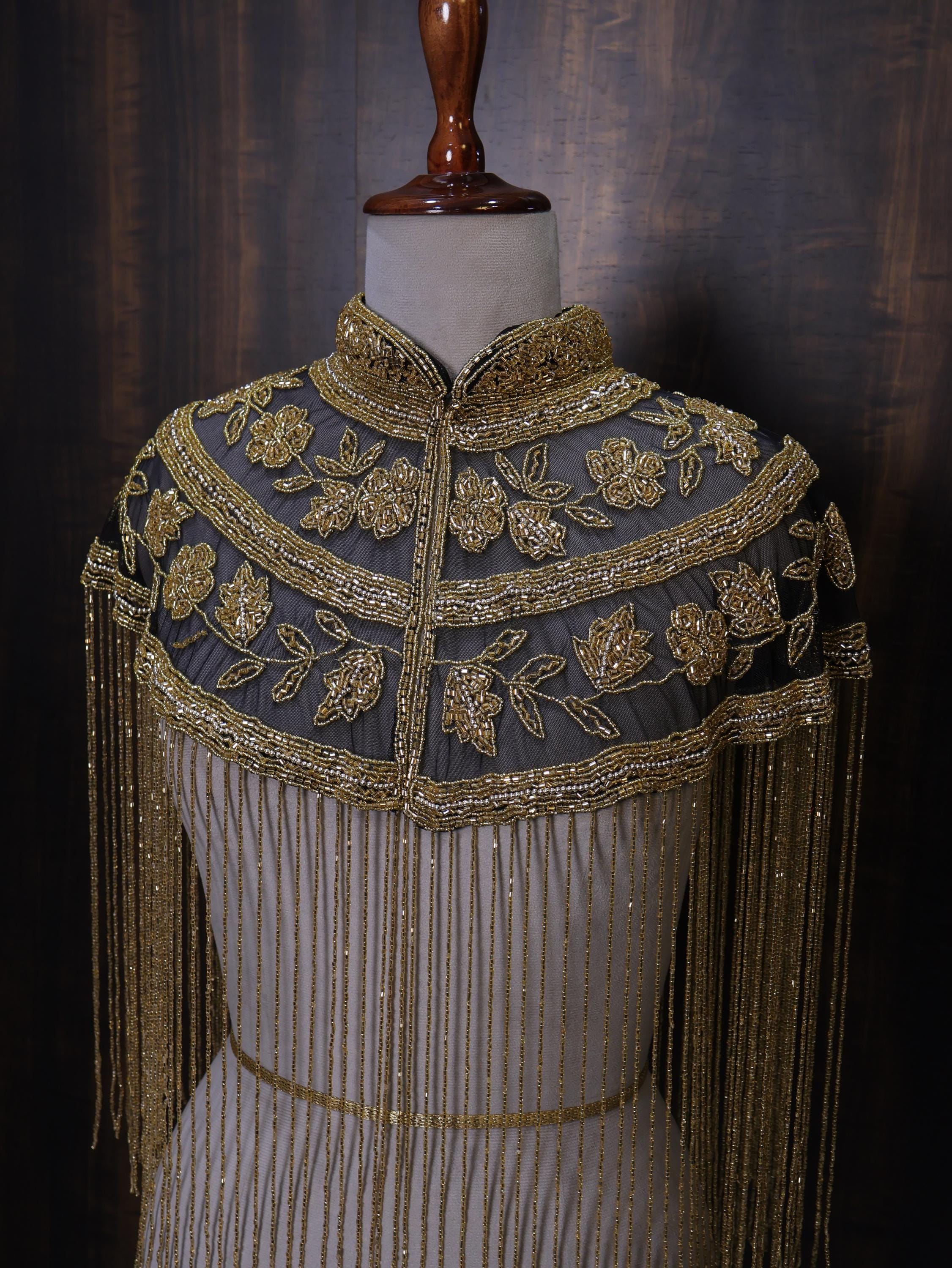 Black Golden Floral Beaded Cape: Wedding & Evening Cover-Up Shrug