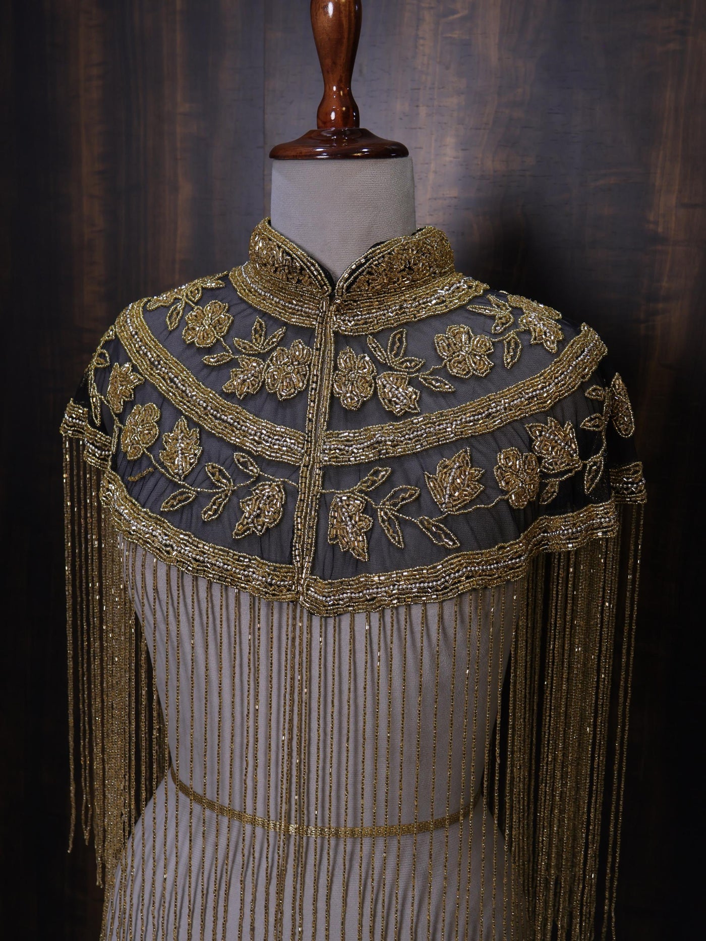 Black Golden Floral Beaded Cape: Wedding & Evening Cover-Up Shrug