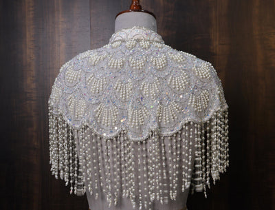 White Fringe Pearl Beaded Cape: Wedding & Evening Cover-Up Shrug