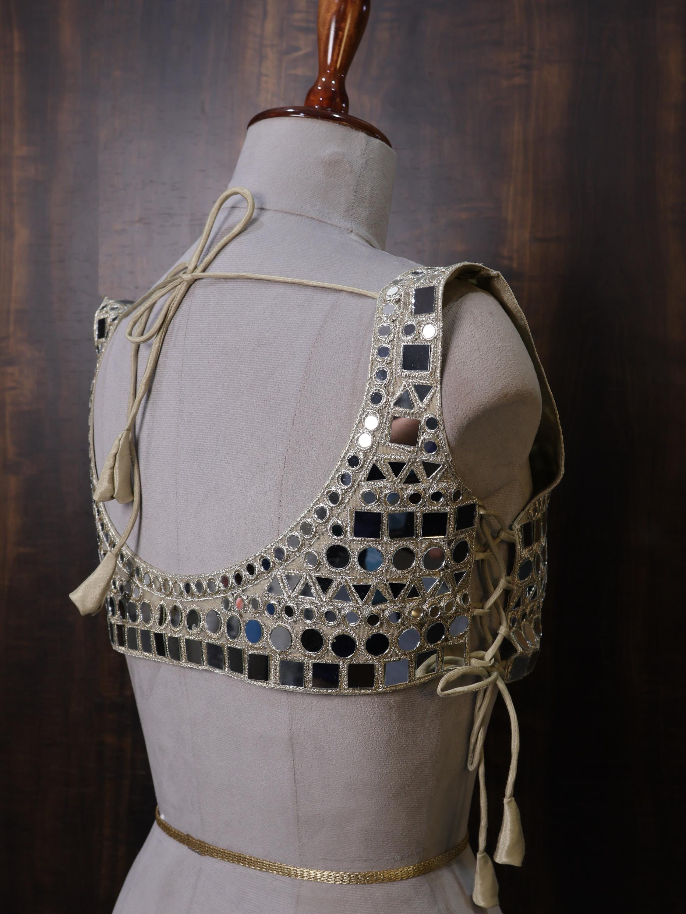 Gold Mirror Work Blouse: Embellished Luxury Sculpted Blouse for Party Wear