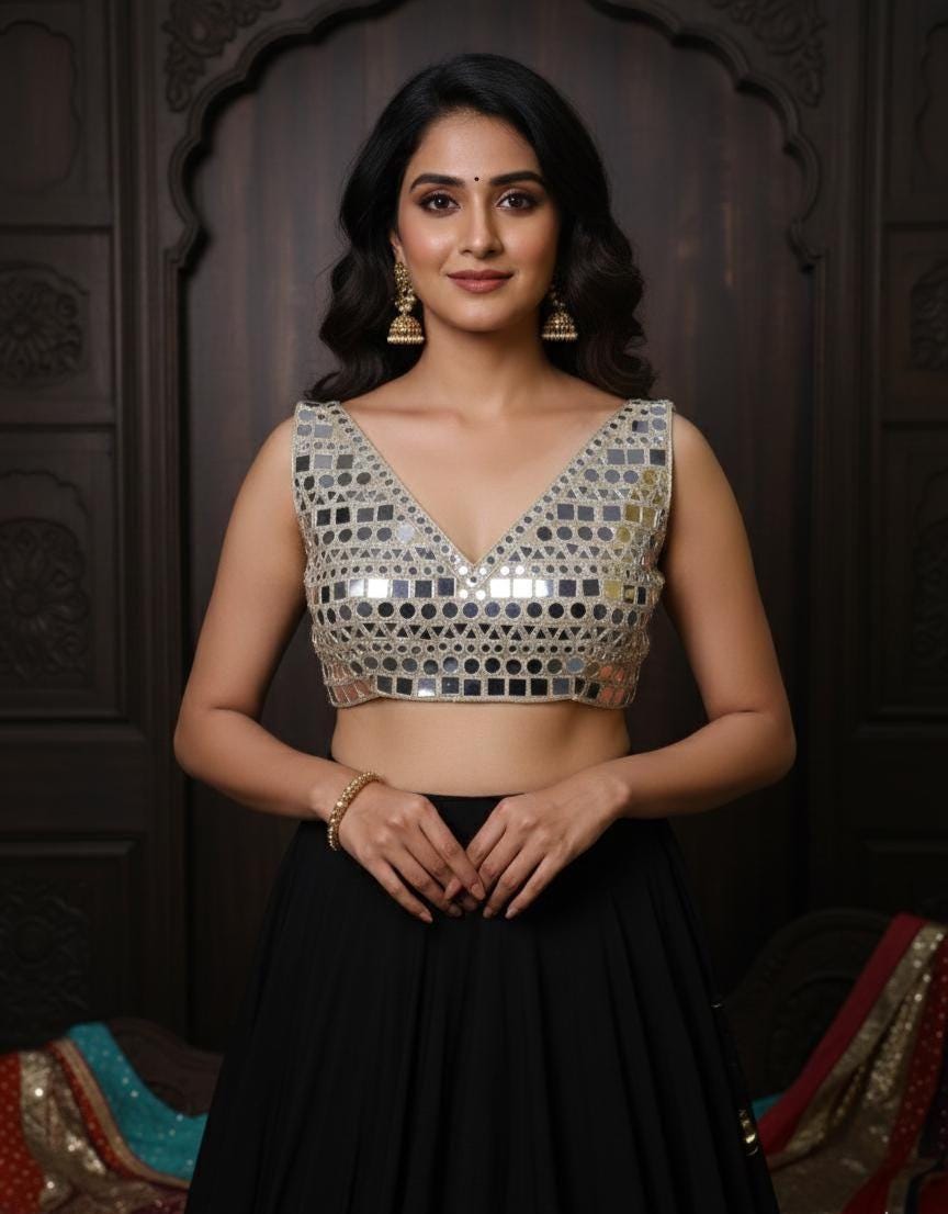 Gold Mirror Work Blouse: Embellished Luxury Sculpted Blouse for Party Wear