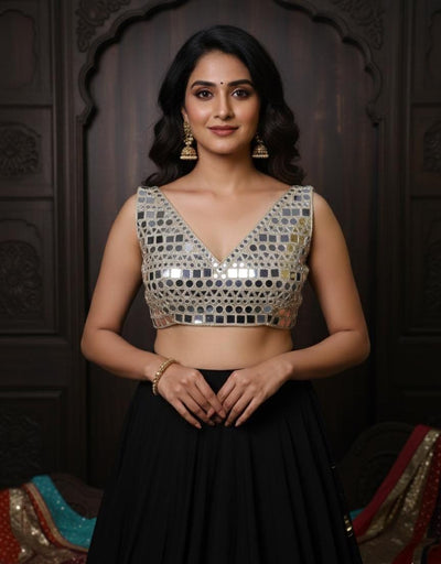 Gold Mirror Work Blouse: Embellished Luxury Sculpted Blouse for Party Wear