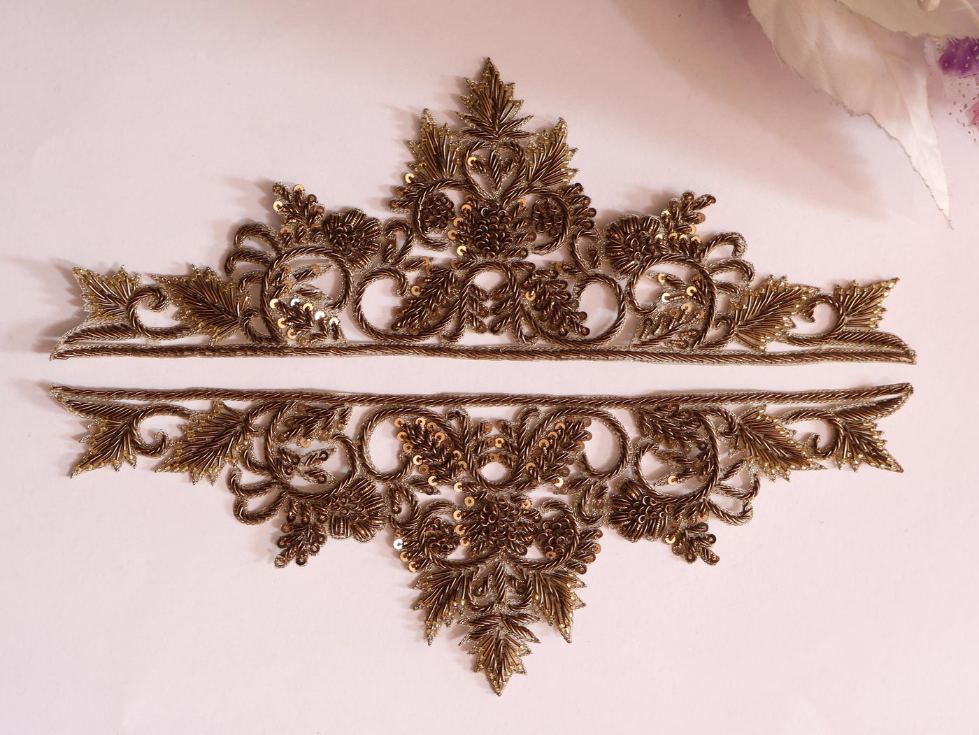 Zardozi Sleeve Patches: Antique Gold Indian Applique (1 Pair)