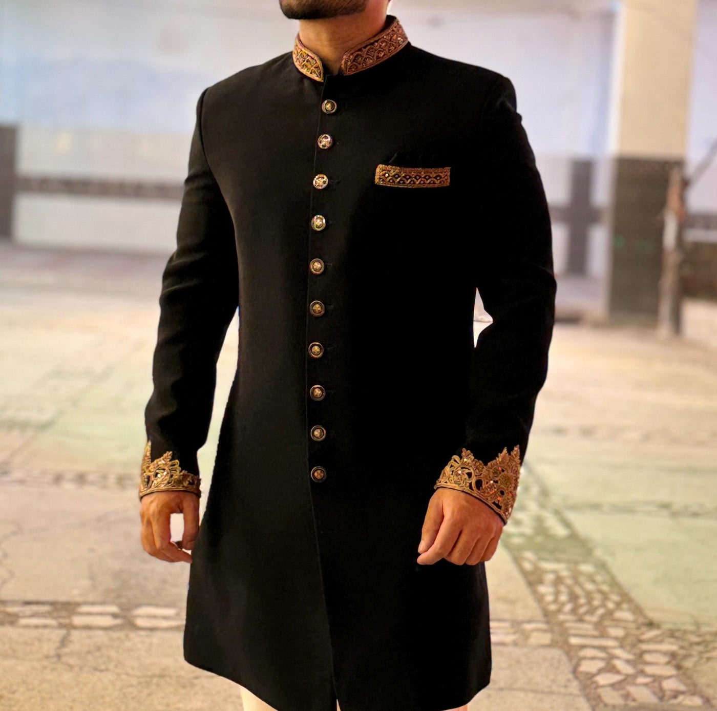 Zardozi Sleeve Patches: Antique Gold Indian Applique (1 Pair)