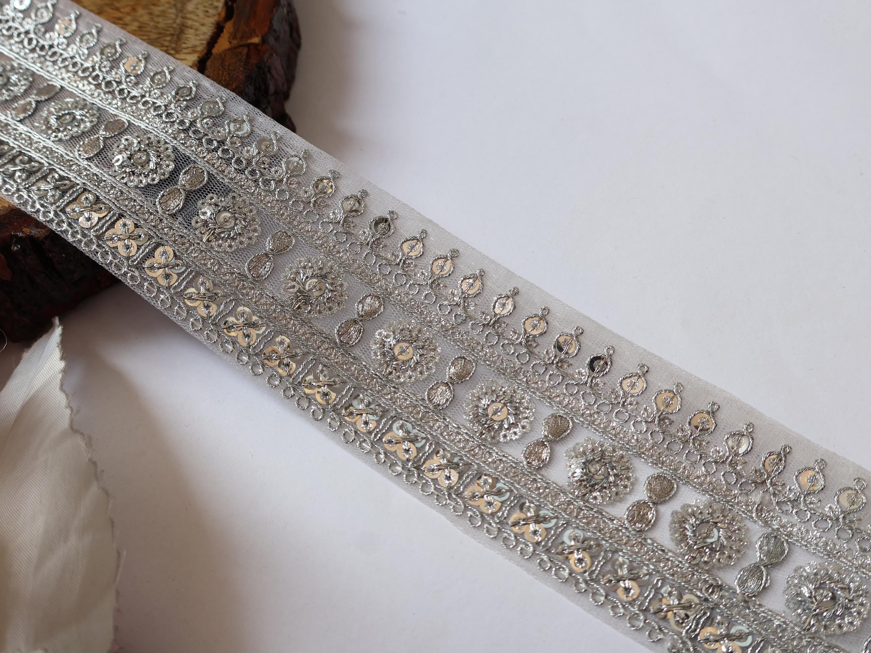 Silver Sequin Embroidered Trim: Floral Vine Sari Border, 9 Yard Long