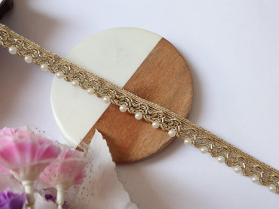 9 Yards Narrow Pearl Gold Beaded Lace Trim - 1.5cm Wide