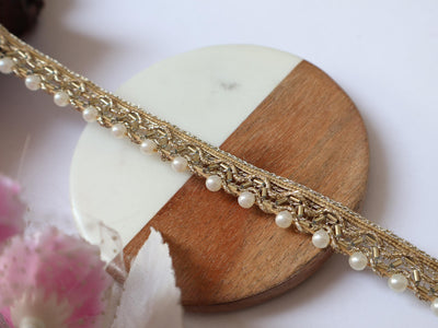 9 Yards Narrow Pearl Gold Beaded Lace Trim - 1.5cm Wide