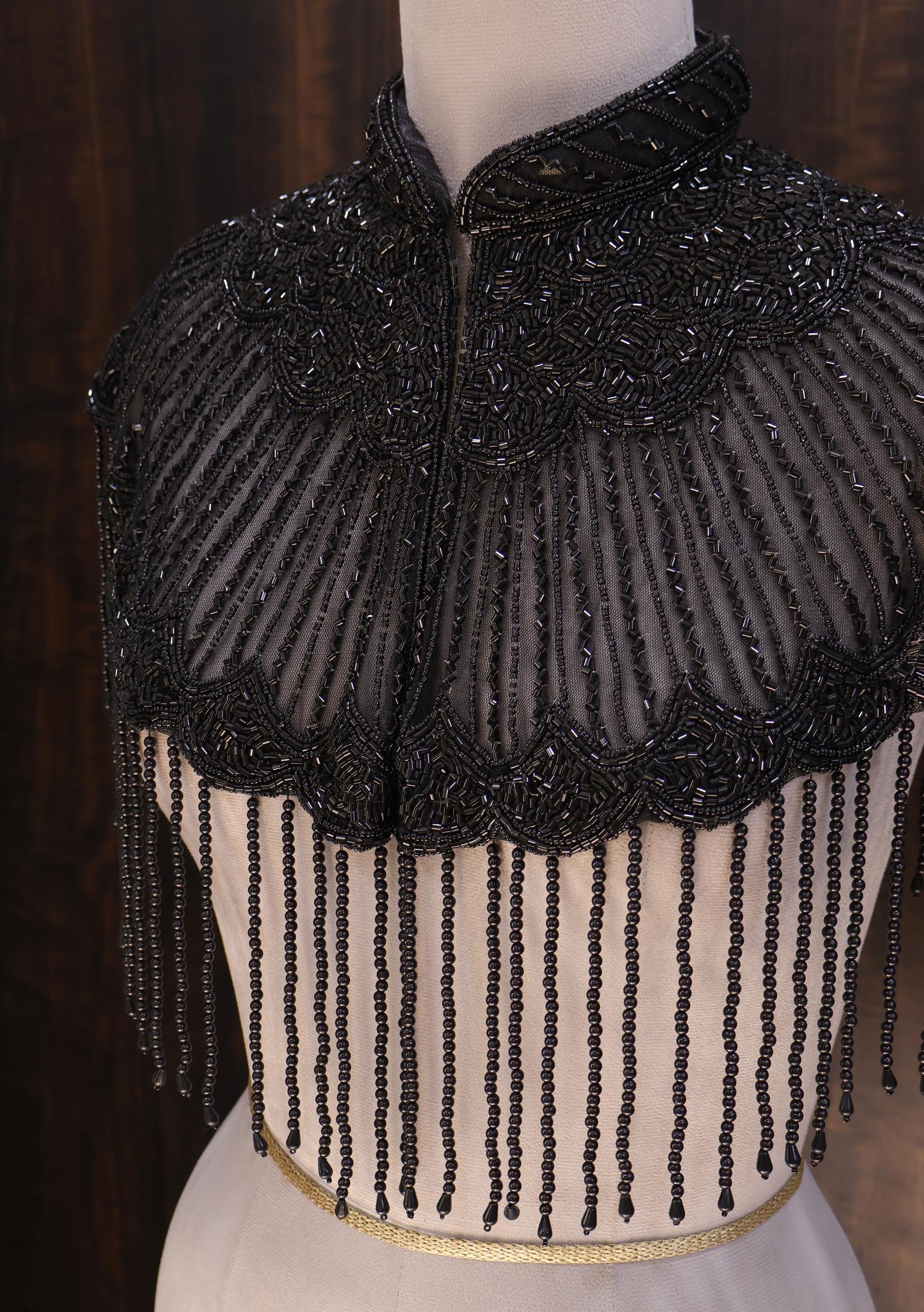 Deep Black Beaded Bridal Cape: Wedding & Evening Cover-Up