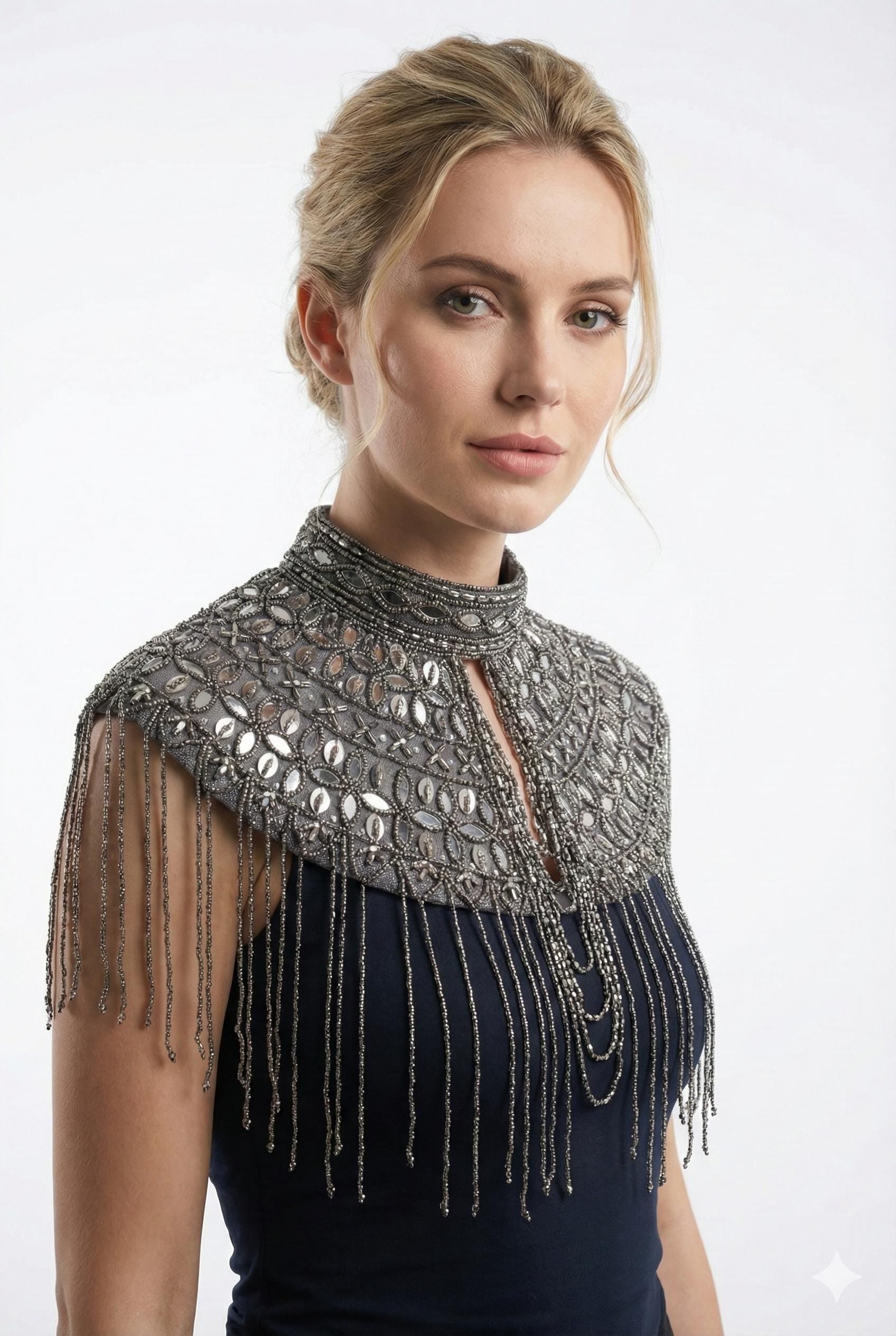 Graphite Glamour Grey Mirrorwork Cape: Wedding & Evening Cover-Up