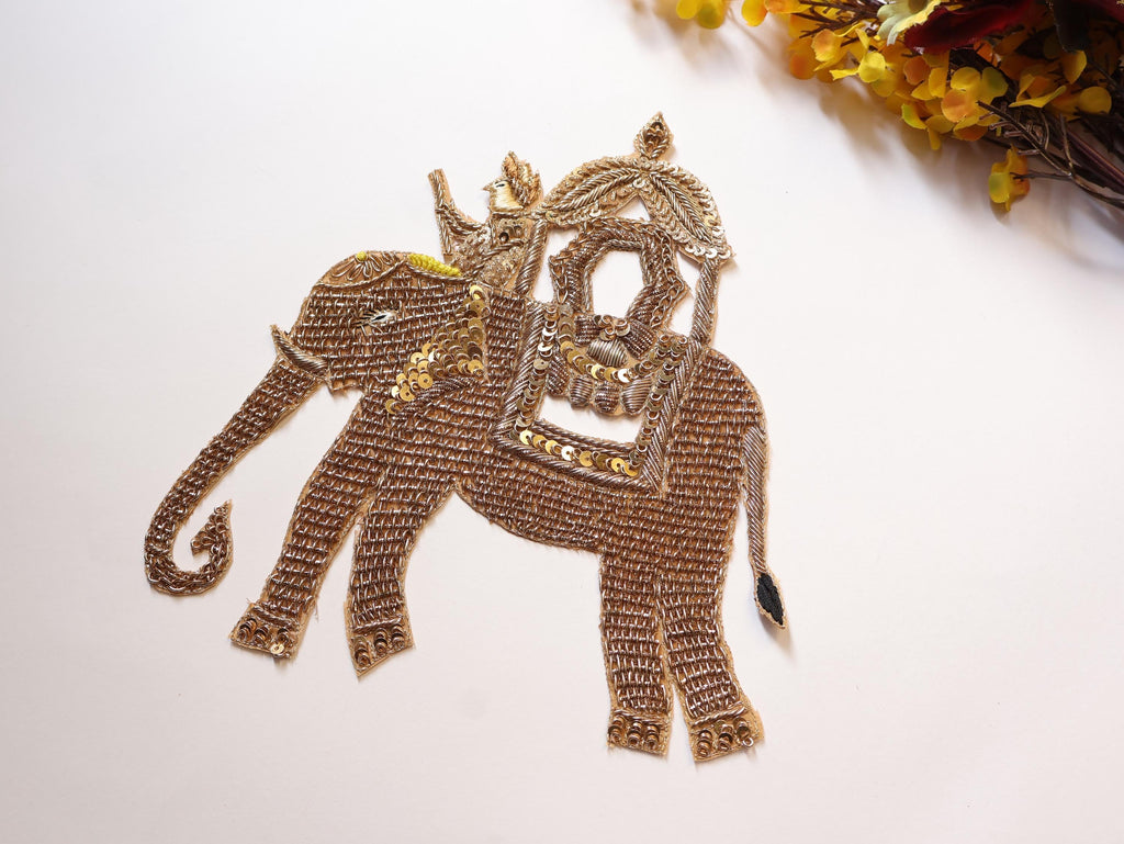 Elephant & Royal Master: Antique Gold Indian Embroidered Applique Patch