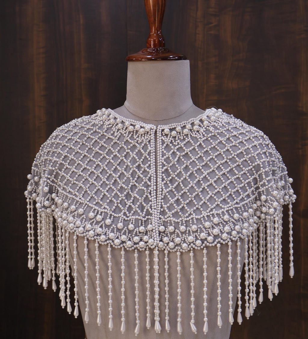 Luna: White Pearl Beaded Cape Wedding & Evening Cover-Up Shrug