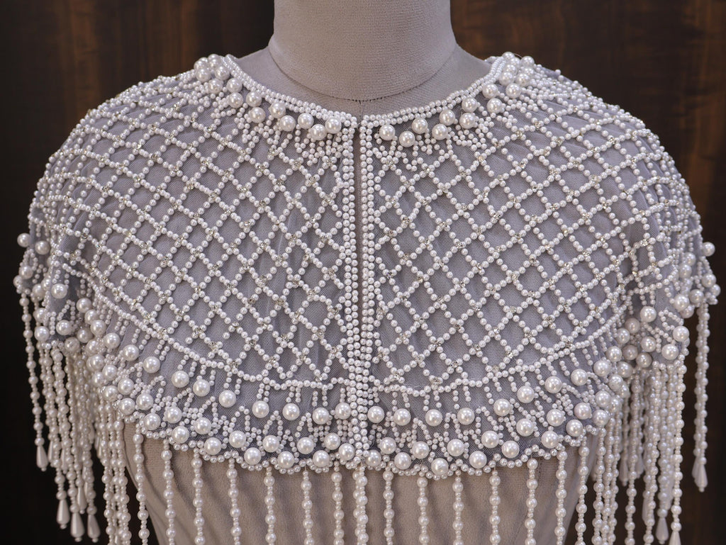 Luna: White Pearl Beaded Cape Wedding & Evening Cover-Up Shrug