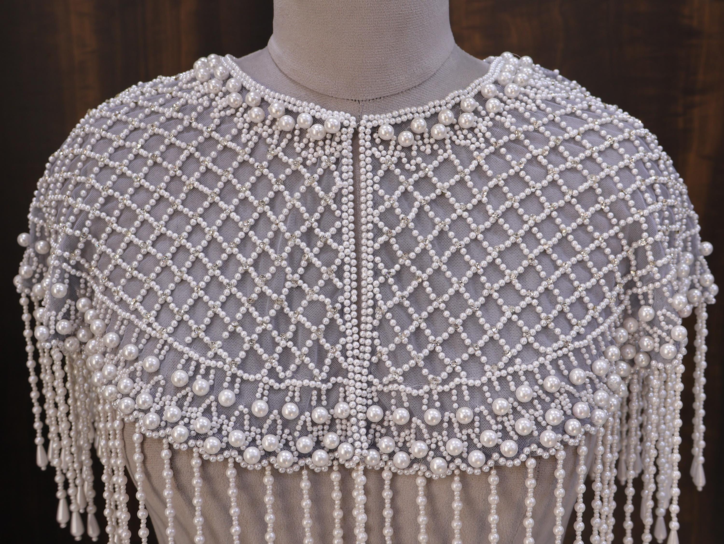 Luna: White Pearl Beaded Cape Wedding & Evening Cover-Up Shrug