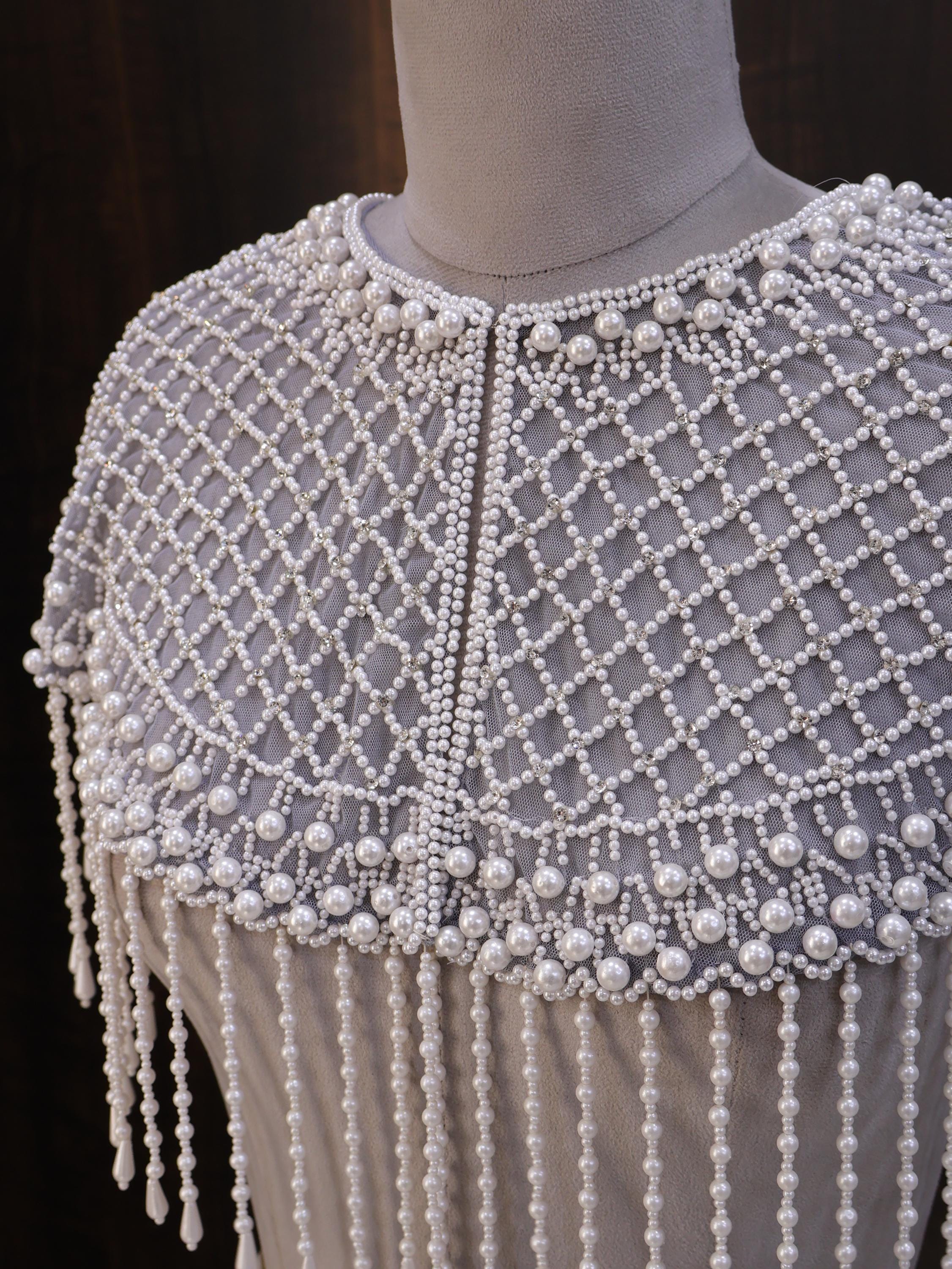 Luna: White Pearl Beaded Cape Wedding & Evening Cover-Up Shrug