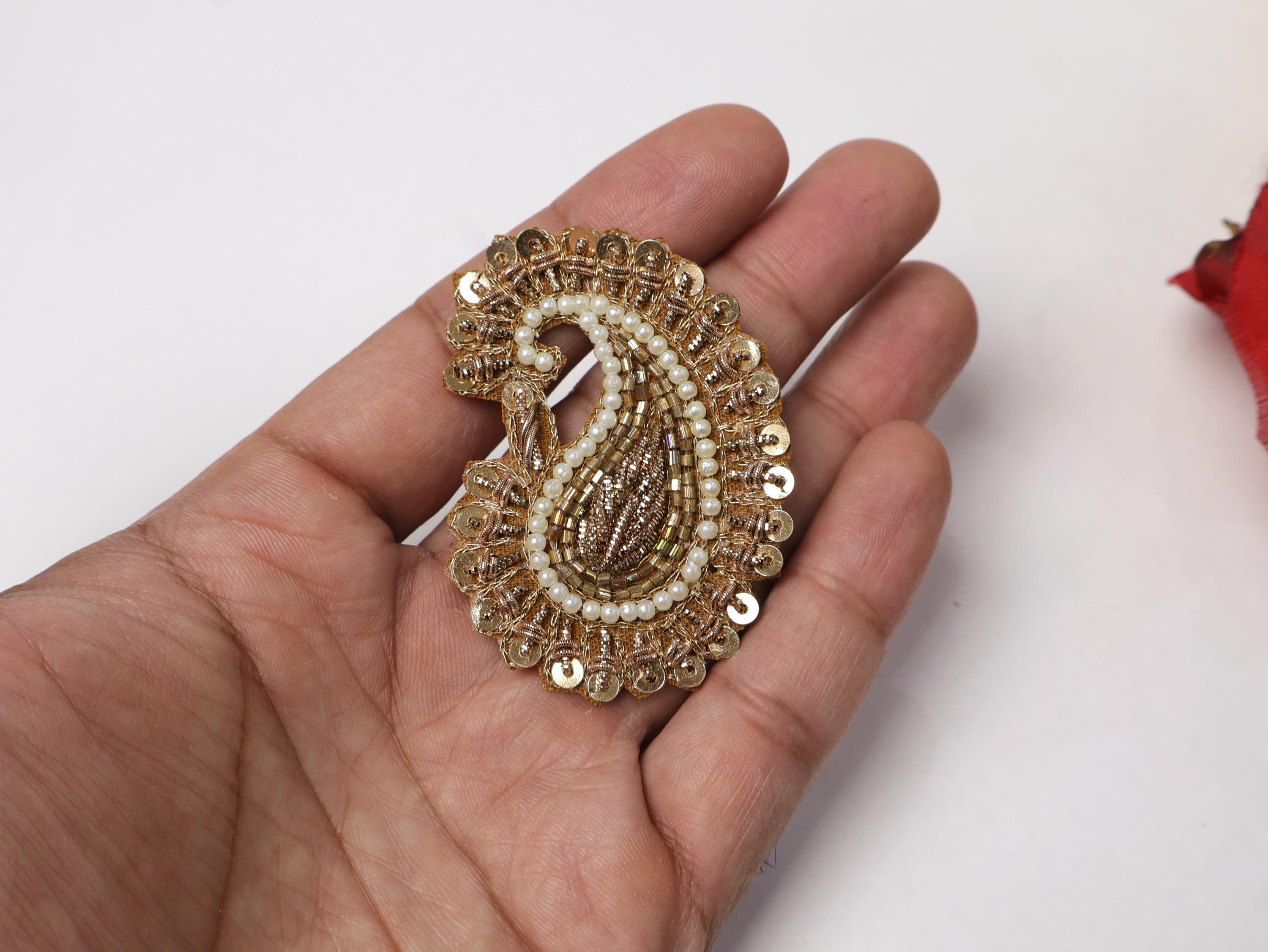 Antique Gold Pearl Leaf Applique Patches: 10 pcs Indian Zardozi Patch