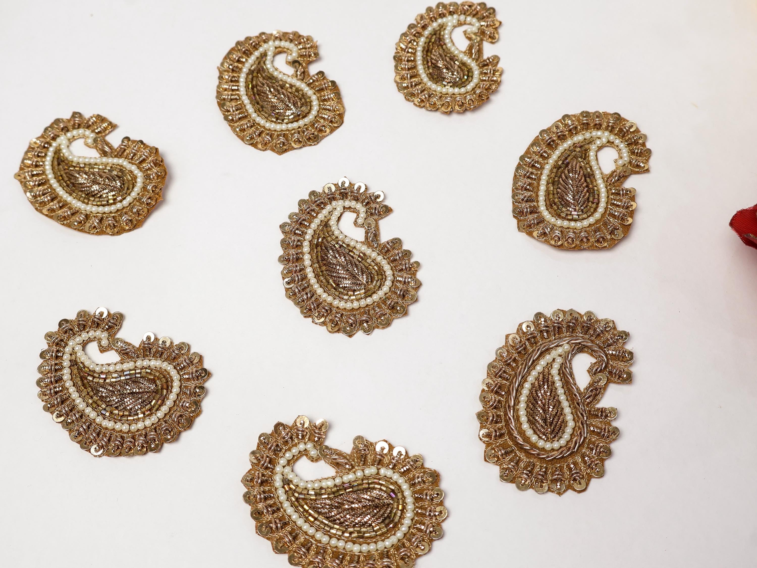 Antique Gold Pearl Leaf Applique Patches: 10 pcs Indian Zardozi Patch