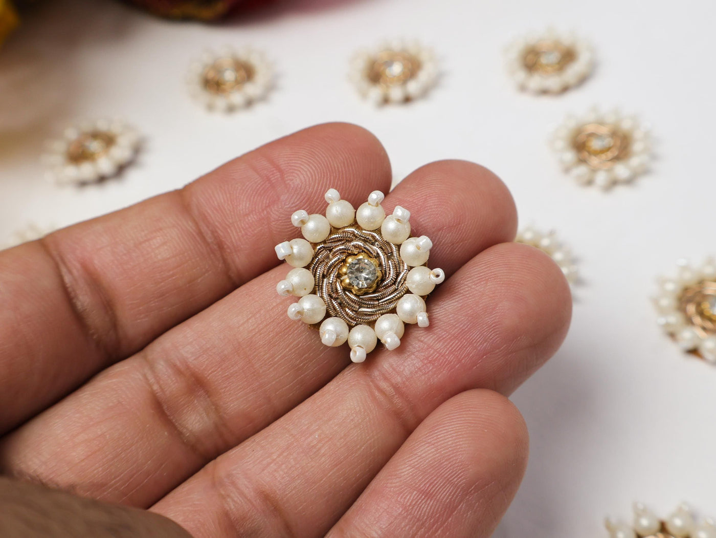 25 Pcs Pearl Zircon Gold Zardozi Applique Patches