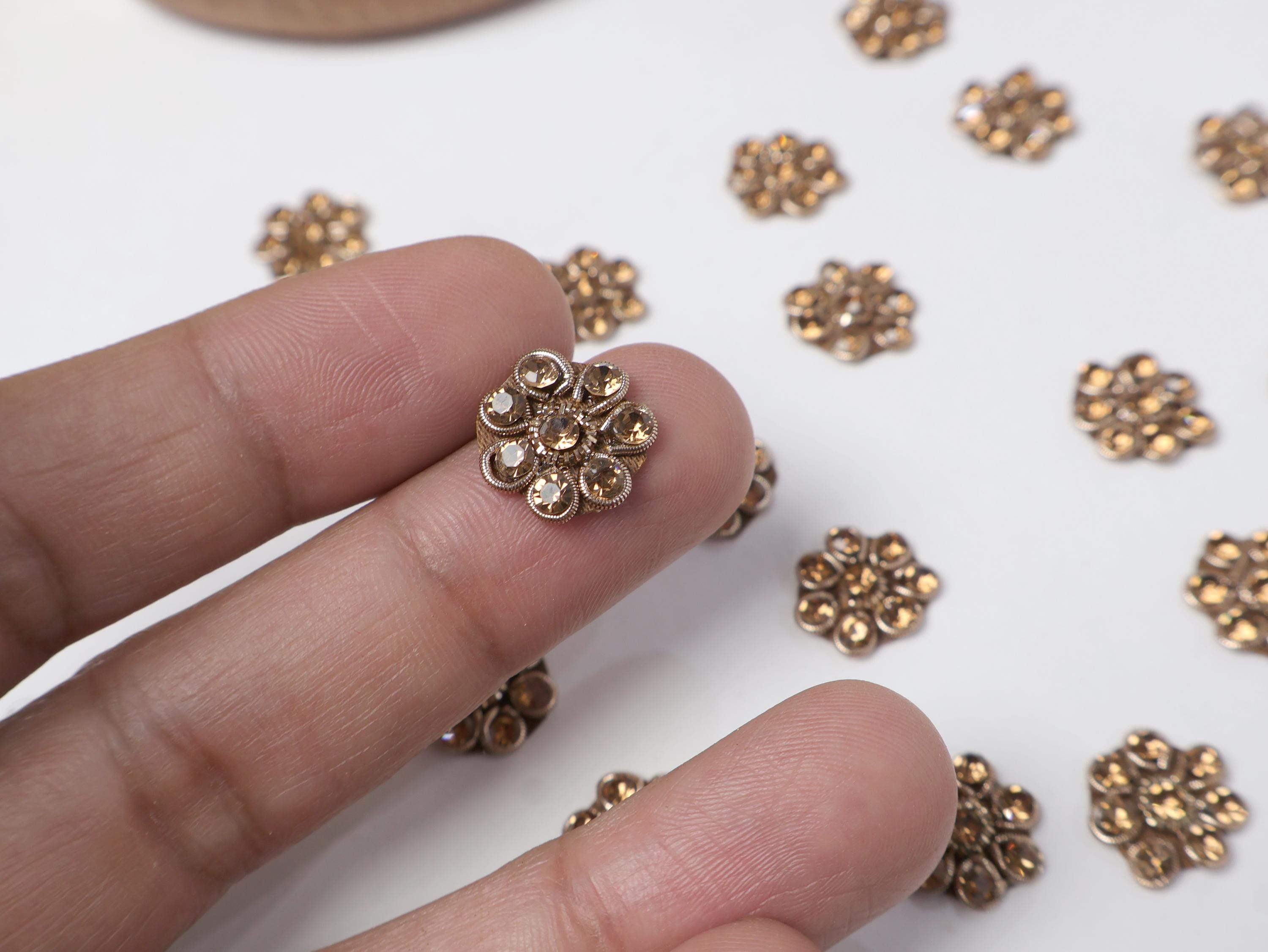 50 Antique Gold Zircon Flower Applique Patches: Mini Embellishments