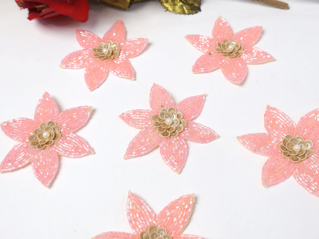 Pink Floral Beaded Applique Patches: Hand-Embroidered Flowers (Set of 5)
