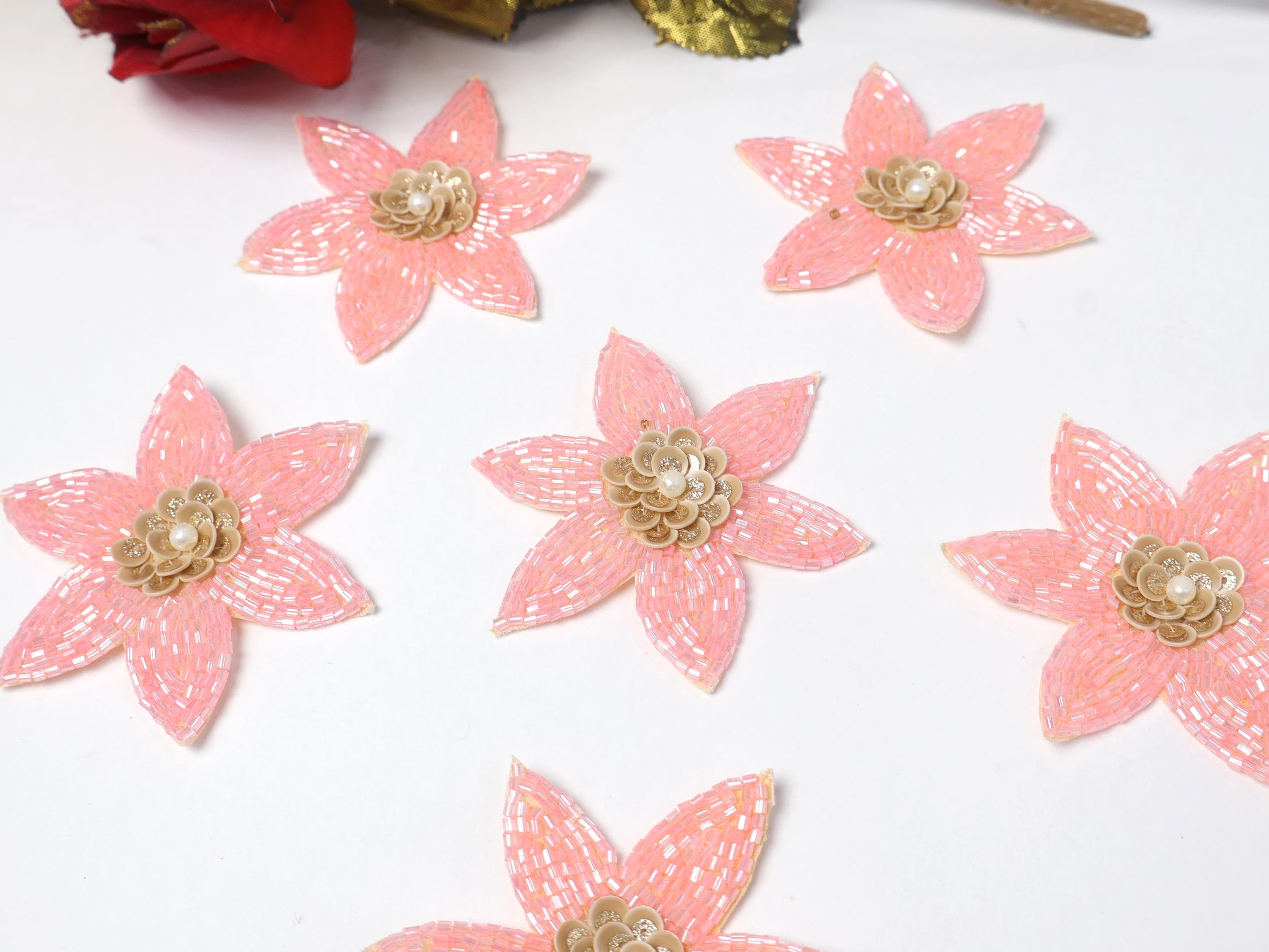 Pink Floral Beaded Applique Patches: Hand-Embroidered Flowers (Set of 5)