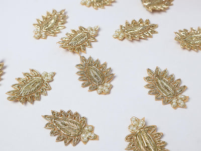 25 Pc - Pale Gold Leaf Floral Zardozi Applique Sew On Patch