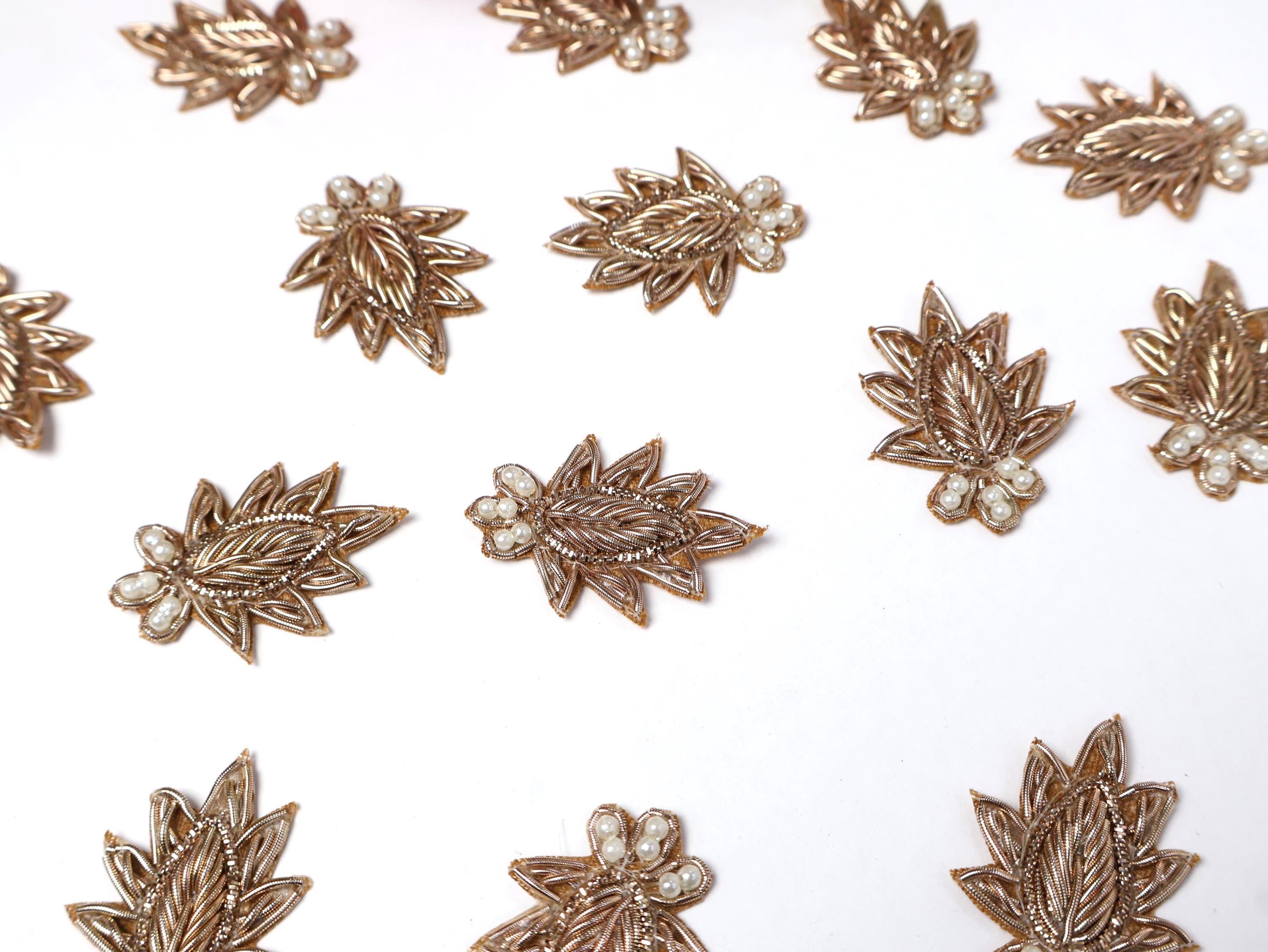 25 Pc - Pale Gold Leaf Floral Zardozi Applique Sew On Patch