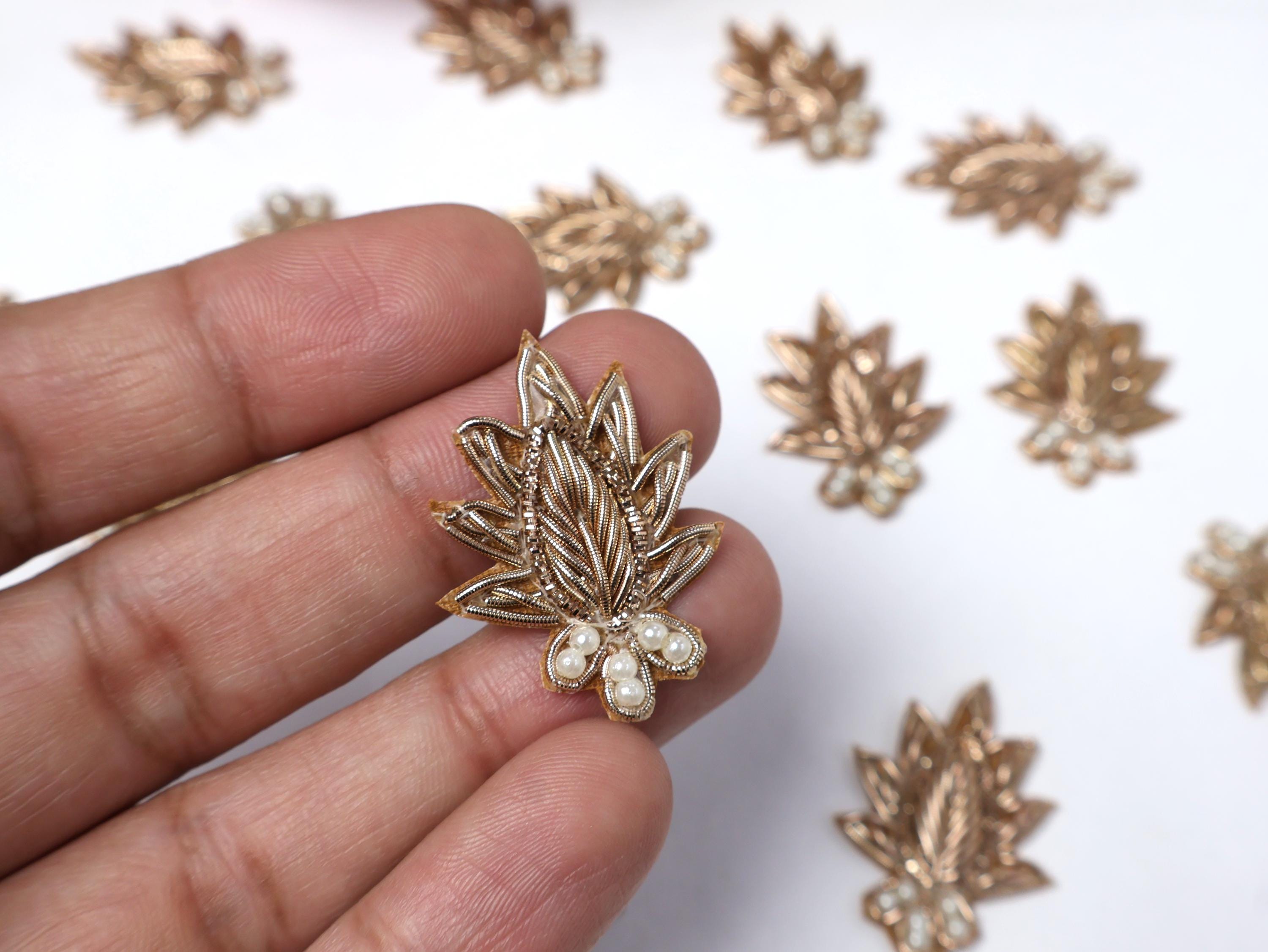 25 Pc - Pale Gold Leaf Floral Zardozi Applique Sew On Patch
