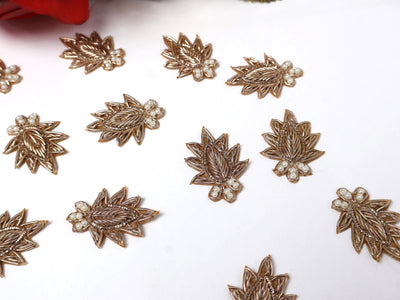 25 Pc - Pale Gold Leaf Floral Zardozi Applique Sew On Patch