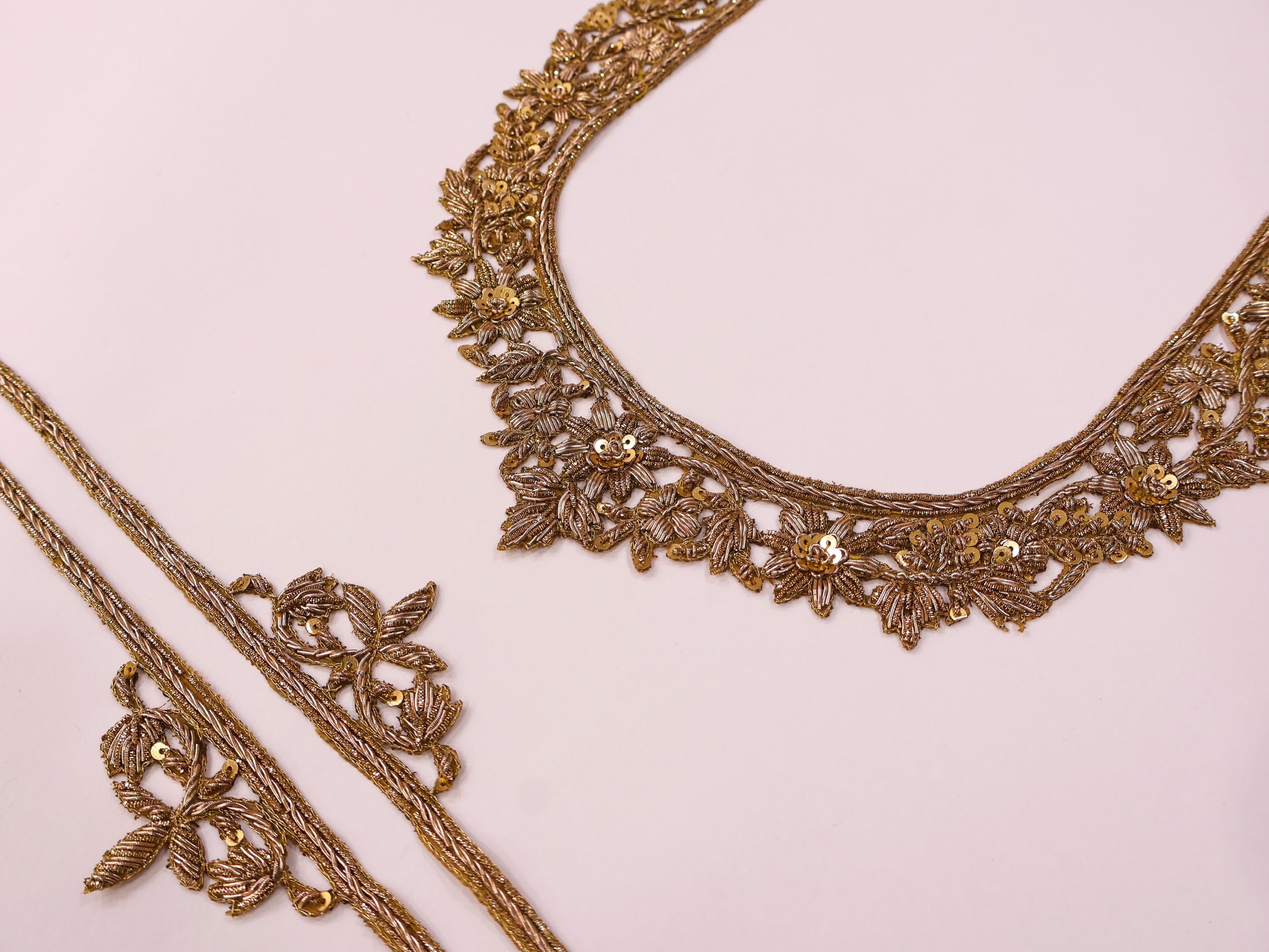 Antique Gold Embroidered Neckline Patch: Indian Applique with Sleeves