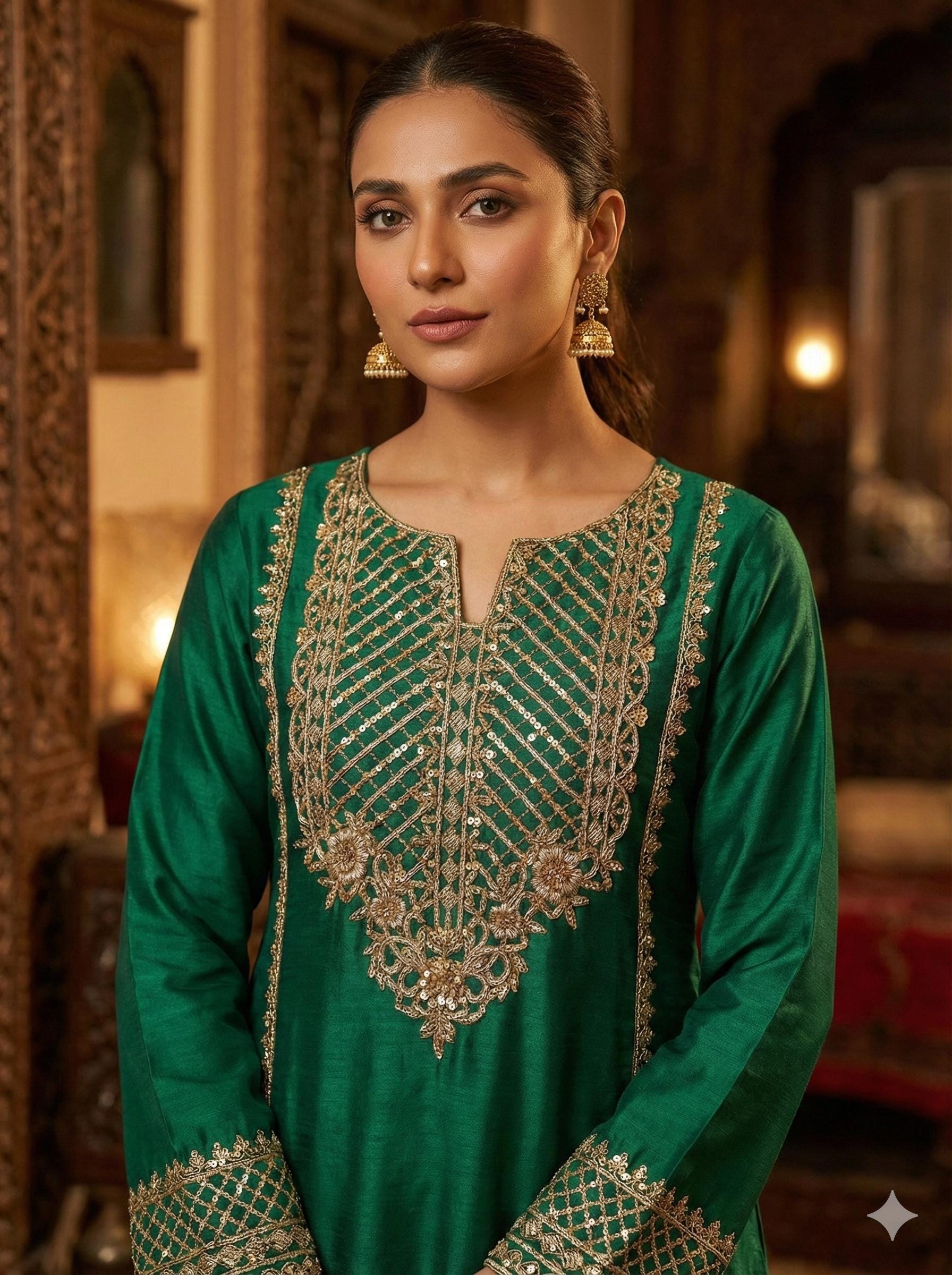 Golden Zardozi Pakistani Style Neckline Patch with Sleeves