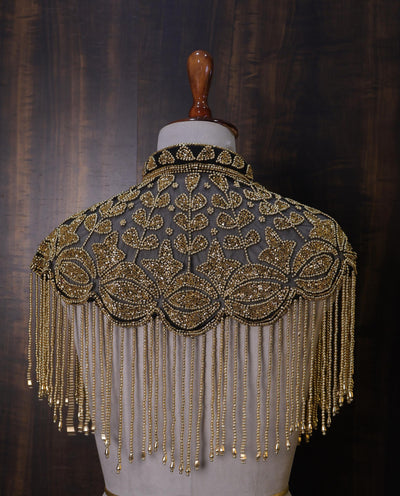 Antique Gold Pearls Beaded Floral Bridal Cape: Wedding Cover-Up Shrug