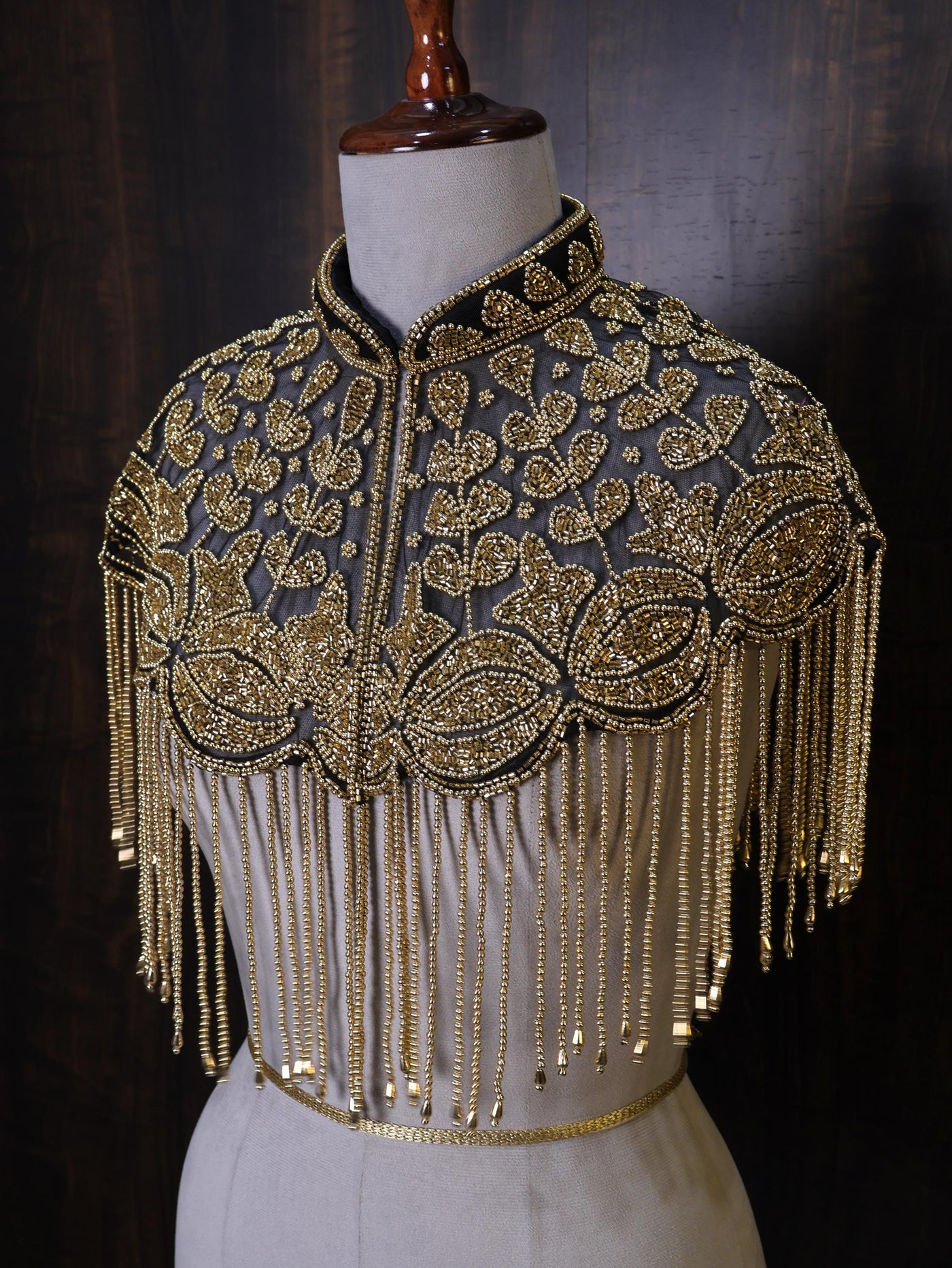 Antique Gold Pearls Beaded Floral Bridal Cape: Wedding Cover-Up Shrug
