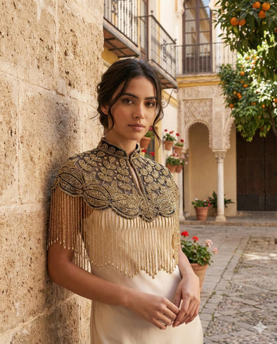 Antique Gold Pearls Beaded Floral Bridal Cape: Wedding Cover-Up Shrug