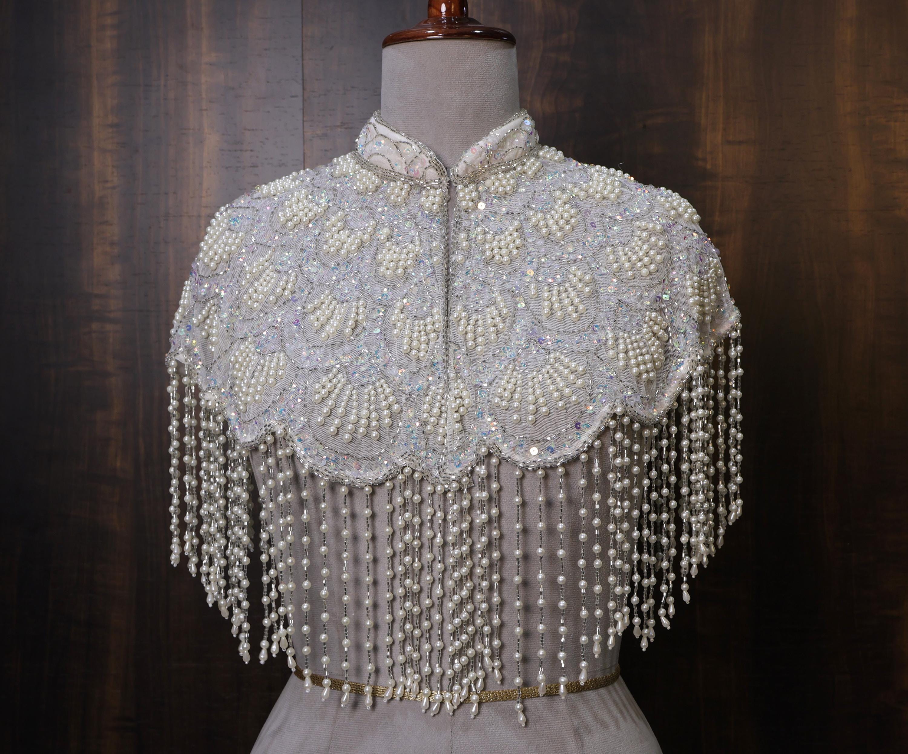 White Fringe Pearl Beaded Cape: Wedding & Evening Cover-Up Shrug