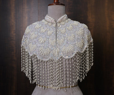 White Fringe Pearl Beaded Cape: Wedding & Evening Cover-Up Shrug