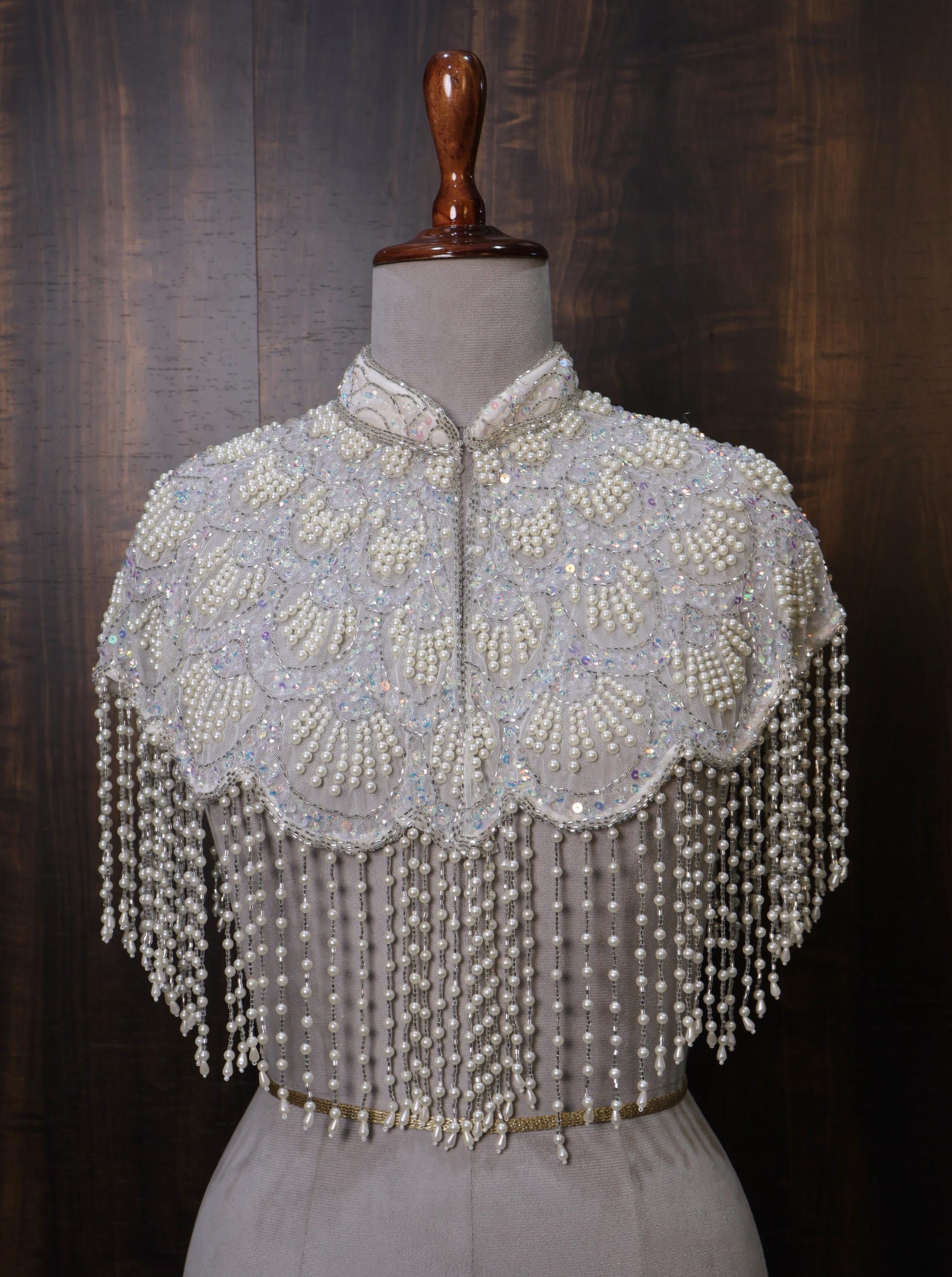 White Fringe Pearl Beaded Cape: Wedding & Evening Cover-Up Shrug